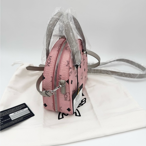 MCM New Mini Half Moon Top Handle Satchel Purse Soft Pink Logo Crossbody Bag - Picture 12 of 16